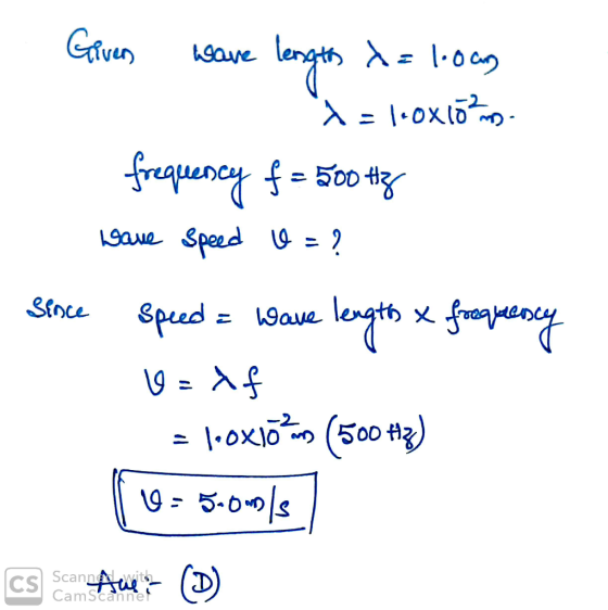 Given ware length x=1.0am x = looxlőzmos. frequency f = 500 Hz have speed 0= ? Since speed = wave lengtos x frequency v=df =