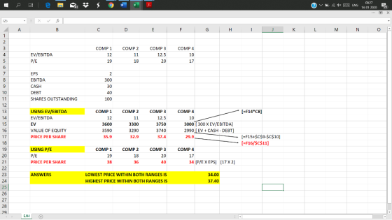 Q v E ENG 14 01 2000 520 А в C D E F G H I J K L M N 0 EV/EBITDA P/E COMP1 12 19 COMP2 11 18 COMP3 12.5 20 COMP 4 10 1 7 EPS