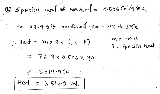 0 Specific heat of methanol = 0.506 Cal/200k For 73.9 g of methanol from - 35e to se ... Heat = mxsx (t2-to m amass. s=specif