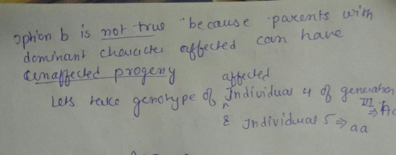 option b is not true because parents with dominant character affected can have cenaffected progeny affected Lets take genotyp