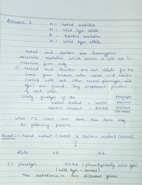 Answer 1. n = N = h = H = naked mutation wild type allele hairless mutation wild type allele. naked and Hairless all homozygo