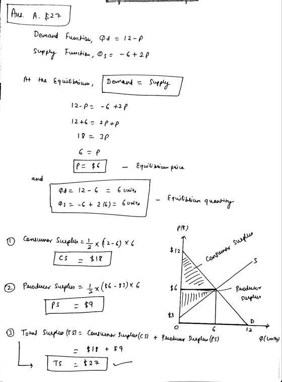 Aus. A. $27 Demand function, Od = 12-p supply Function, Os= -6+2p At the Equilibrium, Demand = supply 12-P. -6+2p 12 +6=2p+P