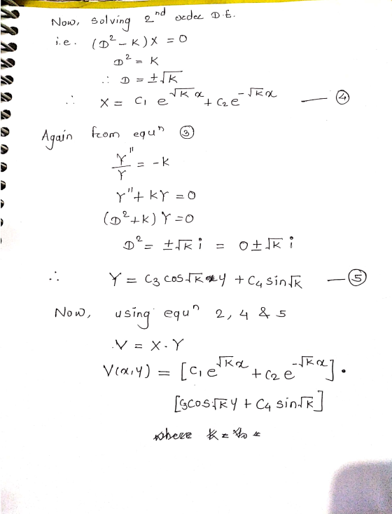 AAWA 20A A A A Now, Solving and ordec D.E. ie. (02-K)X = 0 D? = K D = Ilk x=cierka gerka Again from equn ☺ = -K y+kYzo (02+k