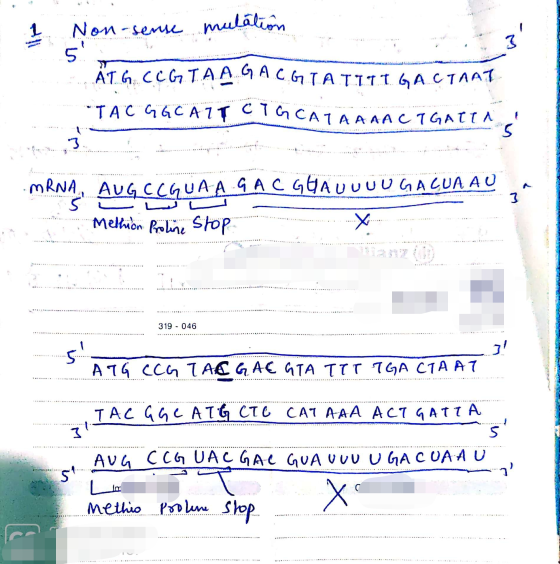 2 Non-sense mutation AT6 cccТАА АСТАТТТТАСТЛА1 “ТАС 46CA1, стаса, CATAAAACT GATIA MRNA, AUGCCQUA A GAC GUAUUUUGALUA AD , Melh