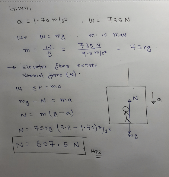 Given, a = 1. to m/s² Wi 735 N W = mg m: is mass use 735 N 9.8 m/s2 = 75kg m = g Elevator floor exerts Normal force (N). E Fa