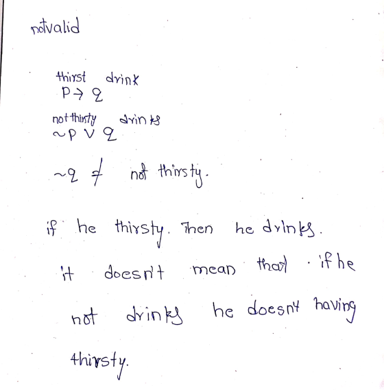 notvalid drink thirst P> q not thirsty drinks apvq. ~qf not thirsty. if he thirsty. Then he drinks. that if he .it doesnt me