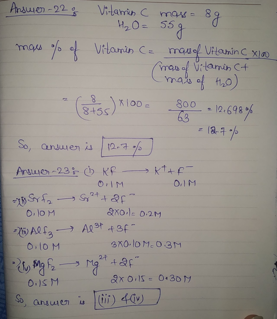OS Answer -22 g Vitamin C mass - 89. H₂O= 55g mass % of Vitamin C a ases of Vitamin C X100 maes of Vitamin C+ O mais of tho)