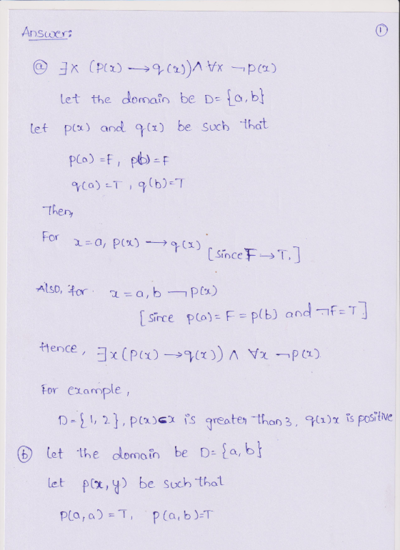 Answers @ 3x (PCW) ->9(29)1trx -D COD let the domain be D-{a,b} p(x) and qa) be such that let pla) =E, Pb) = F gea) -T, 9(0)=