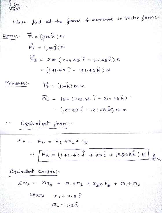 Fiornt find all the forces 4 moments in vector form: Forced: Fi = (300 Â IN Ez = (100ſ) n Fs = 200 (cos 45 - Sin 45 ĥ) N = (1
