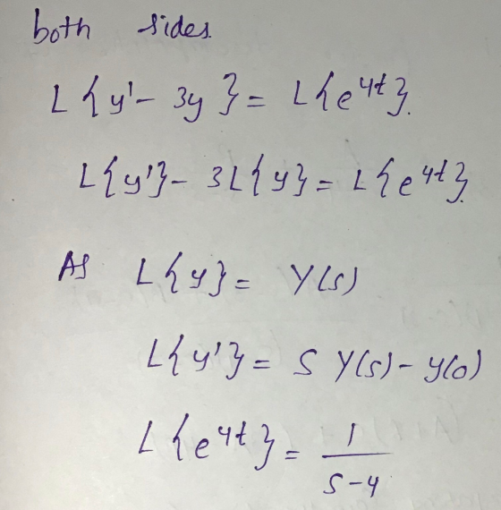 both sides. Lhy }= Lheutz L{y }- 31{y}= Lhetty 34 AS Lhy}= Y(s) L{yy= SY(s)- yo) Lhetty = 1 5-4
