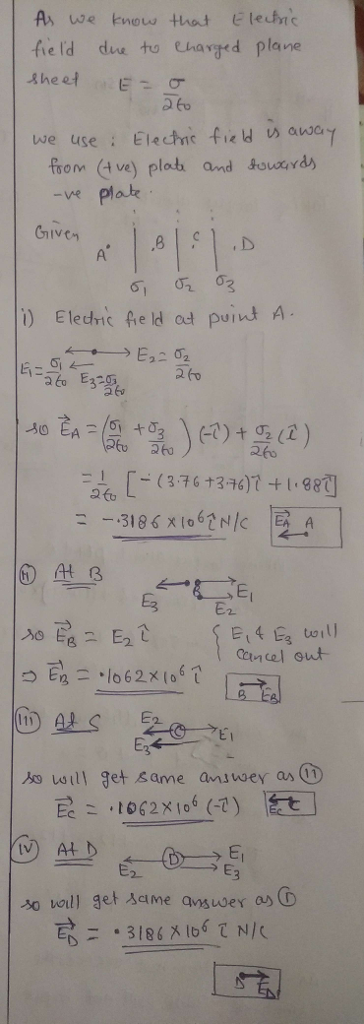 As we Enow that Elec fie ld due to Charged plane a fo we use : Electric field ㄶ away -ve plak Criv대 i) Eledric Geld ot puint