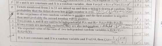 f. If a and b are constants and X is a randoin variable , then,ar(aX +b)-apa (X) t l g. Tickets numbered from 2 to 11 are mixed up and then a ticke is draw X 1 n at random. The probability that the ticket drawn has prime number is 2/11. N If the covariance of two random variables is pasitive and the first number is negative then most probably the secoud number will be positive. . Two events A and B a resaid to belinde pendent ifP(AandB)-P(A)tP(B)HAB) i two events are mutually exclusive they are also independent. x delpt. K. The expected value of the sum of two independent random variables is E X Y) If a, b are constants and X is a random variable and Y=aX+b, then fro)--