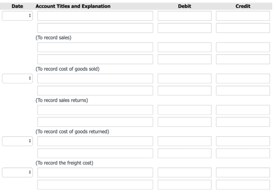 Date Account Titles and Explanation Debit Credit (To record sales) (To record cost of goods sold) (To record sales returns) (