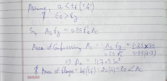 a a <tf (=4) of Eszty Sog As fy 0.85 fc Ac of Compressing Ac 6•25x75 0.854.7 =) A = 117.3 m2 Abea of flange = bf (+1) = 20 (