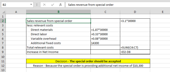 Sales revenue from special order B2 В A C D 1 Sales revenue from special order less: relevant costs -3.1*30000 2 = 1.87*30000