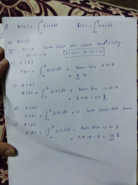 A(x) = 1 + 1)dt f(x) = ( 4 (4) dt. a) soli- A(-2) x=-2 both limit are same thats why. A(-2)=0. (+(-2) - fl-2) = 0 F (8) F18)