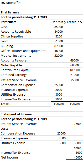 Dr. McMuffin Trial Balance For the period ending 31.1.2019 Particulars Cash Accounts Receivable Office Supplies Land Building