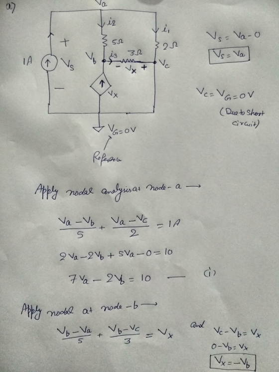 0) وند i, + V = Va-o 322 52 iz 32 AMM VH Vs- Va 1A 1 Vs Vc Ve=VG=OV (Due to Shost circuit) - VG=OV Reference Apply nodal anal