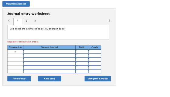 View transaction list Journal entry worksheet < 1 2 3 Bad debts are estimated to be 3% of credit sales. Note: Enter debits be