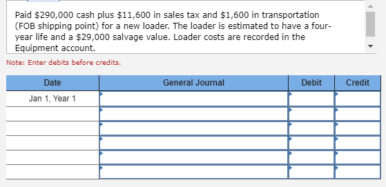 Paid $290,000 cash plus $11,600 in sales tax and $1,600 in transportation (FOB shipping point) for a new loader. The loader i