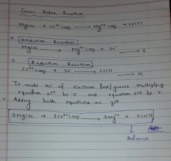 Given Redox Reaction. Mg(s) + Cr3+ (aq) - Mg2t can +cr(s) as oxidation Reaction | Mgls) — Mg²+ Laq) + ze n g - (Reduction Rea