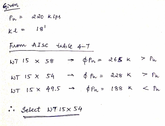Given Pu 220 kips ke = 18! From AISC tabie 4-7 X 58 WT 15 & Pn = > Pu 265K > & Pn = 228 k WT 15X 54 > Pu Pn = 188 K WT 1549.5