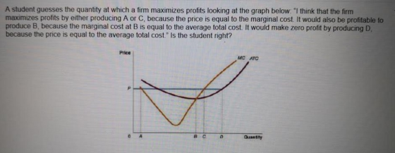 A student guesses the quantity at which a firm maximizes profits looking at the graph below. I think that the firm maximizes