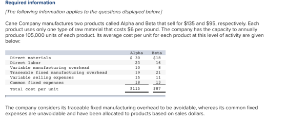 Required information [The following information applies to the questions displayed below.j Cane Company manufactures two products called Alpha and Beta that sell for $135 and $95, respectively. Each product uses only one type of raw material that costs $6 per pound. The company has the capacity to annually produce 105,000 units of each product. Its average cost per unit for each product at this level of activity are given below Alpha Beta Direct materials Direct labor Variable manufacturing overhead Traceable fixed manufacturing overhead Variable selling expenses Common fixed expenses Total cost per unit 30 23 10 19 15 18 $115 $18 16 21 13 $87 The company considers its traceable fixed manufacturing overhead to be avoidable, whereas its common fixed expenses are unavoidable and have been allocated to products based on sales dollars
