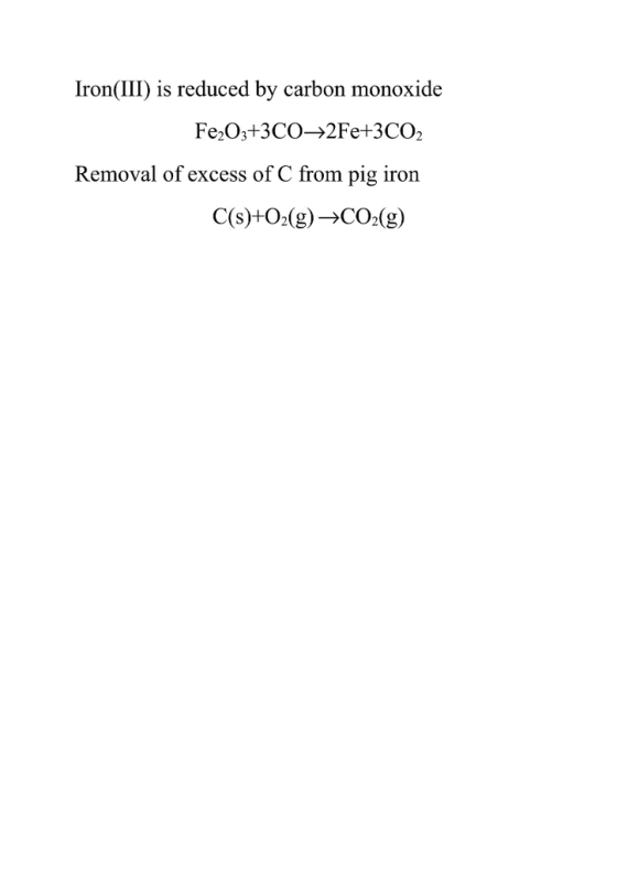 Iron(III) is reduced by carbon monoxide Fe2O3+3CO->2Fe+3CO2 Removal of excess of C from pig iron C(s)+O2(g) CO2g)