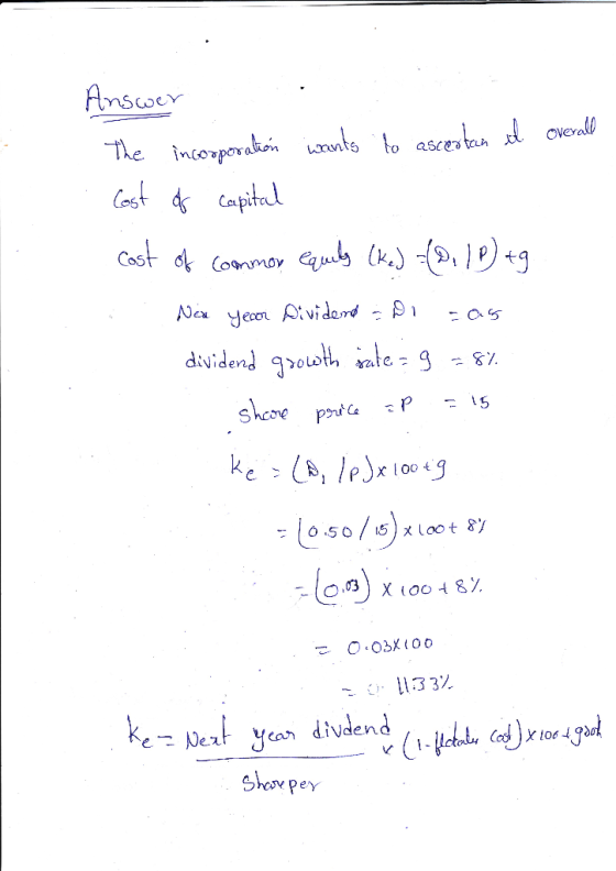 overall Answer .. The incorporation wants to ascertan id Cost of capital cost of common equity (ked =(0, 1049 Na yer Dividere