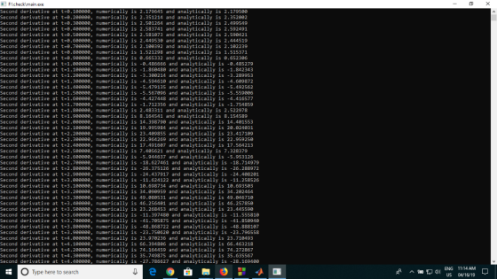 FAcheckimain.exe Second derivative at t-0.1e80e, numerically is 2.179645 and analytically is 2.179500 Second derivative at t-