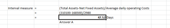 Interval measure (Total Assets-Net Fixed Assets)/Average daily operating Costs (310100-168500)/2980 47.52Days Answer A