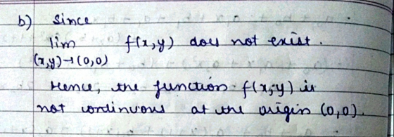 b) since Tim to flogy) doy not exist. (7,3)+(0,0) Hence, the función flasy) is not continuous at the origin 60,00