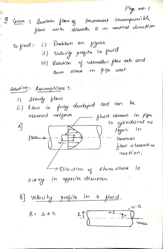 Page no: & Crimen i laminar flow of permanent dianeter D incompressible vertical direction flow with To find: in Problem on f