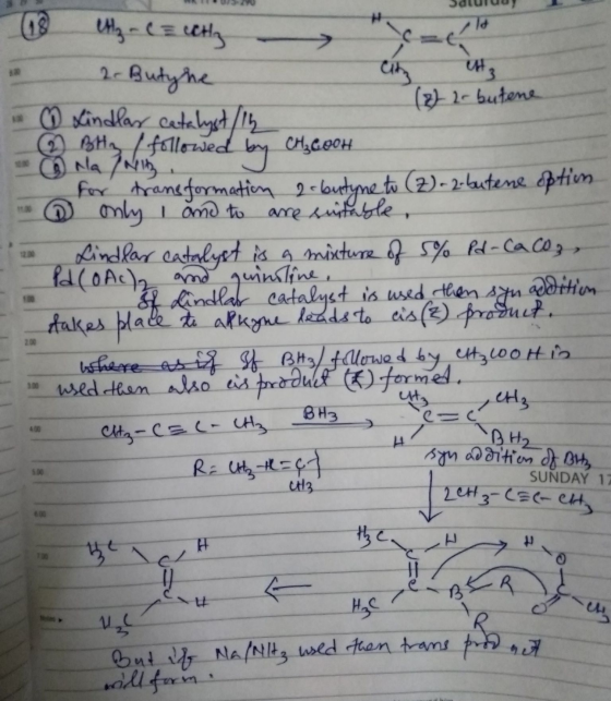 ld (05 etz - ( = cetly 2. Butyhe City est, (2) 2. butene @ Kindlar catalyst/1h © Hy / followed Na Nity by CH₃COOH for transfo