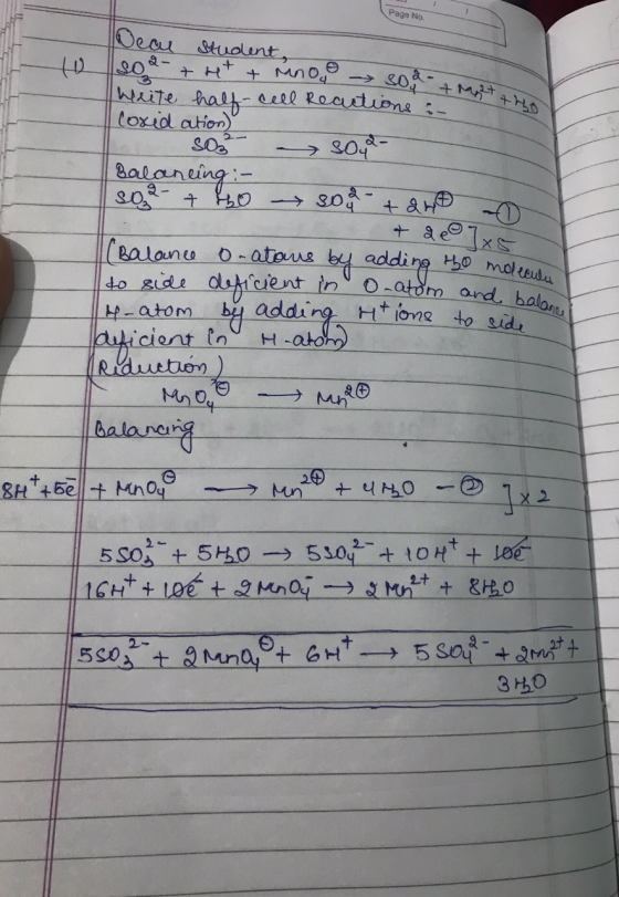 Page No. + Mattro Ocau student, to so 2- 4 t + Mnog soda Write half-cell Reactions in I Coxidation) 50 - 50a- Balancing - 180