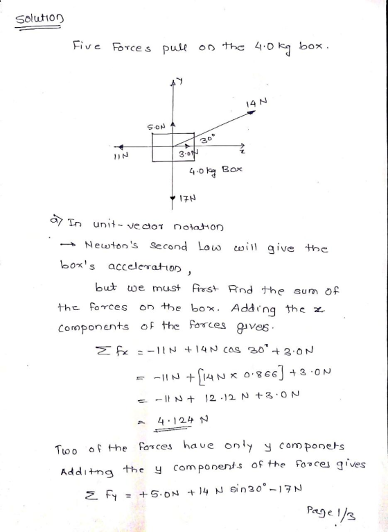 solution Five Forces pull on the 4.0kg box. BY 14 N s.ON 300 AN UN 3.0 4.0kg Box 17N a In unit-vector notation Newtons secon