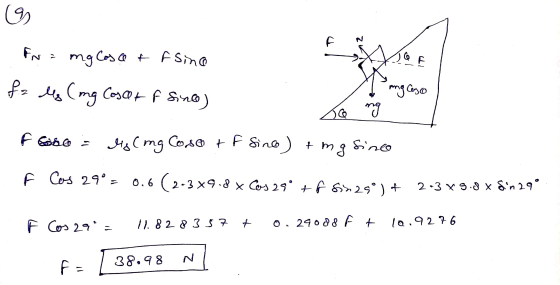 G f FN = mg Cosat fsino O E fa les (mg Coscoff since) ang caso ng f soso les (mg Coso + F Sine) + mg sino F Cos 29°= 0.6 (2-3
