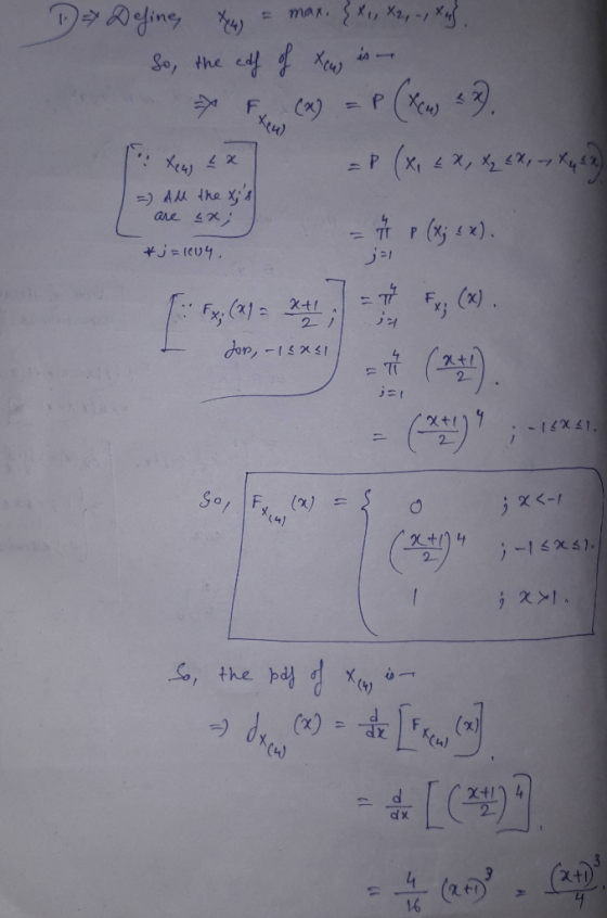 D Define, tu = max. { x 1, X2, -, Xu). So, the edf of tens is - * Fx (x) = P(xcw, 32). tew ex = P ( x, EX , X₂ EX , - , X 4 2