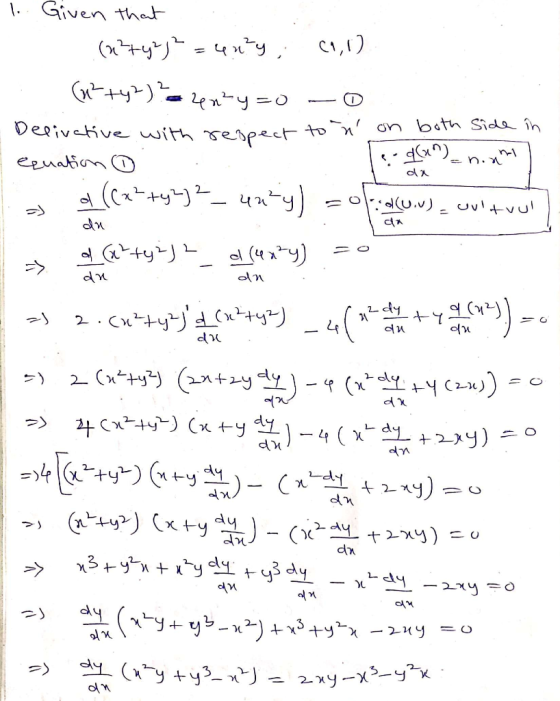 1. Given that (2+yj? = 4x+y; (1,1) (u? ty??czen?y=0 – 0 1 Delivative with respect to n on both side in equation o - 4x^) .