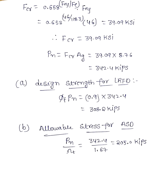 Fn ry 118.3 CY 342 Kips (a disign Stien LRFD b Allouwab stess fr ASo 1.6