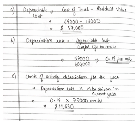 ) Depreciable y cost cont of Truck - Reviduel Value 69000 - 12000 of Depreciation $_57,000 rate Depreciable cost Useful life