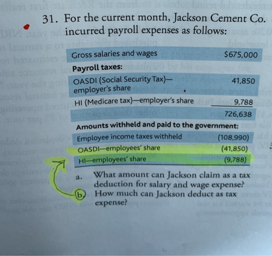 31. For the current month, Jackson Cement Co. incurred payroll expenses as follows: be Gross salaries and wages $675,000 Payr