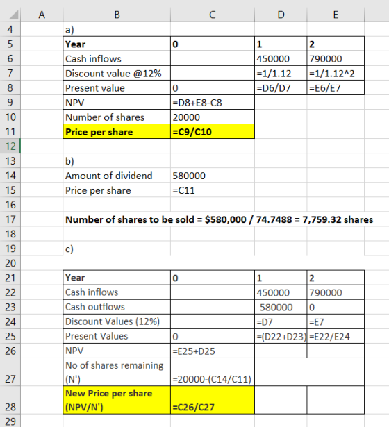 в I DE O Year Cash inflows Discount value @12% Present value NPV Number of shares Price per share 450000 =1/1.12 =D6/07 12 79