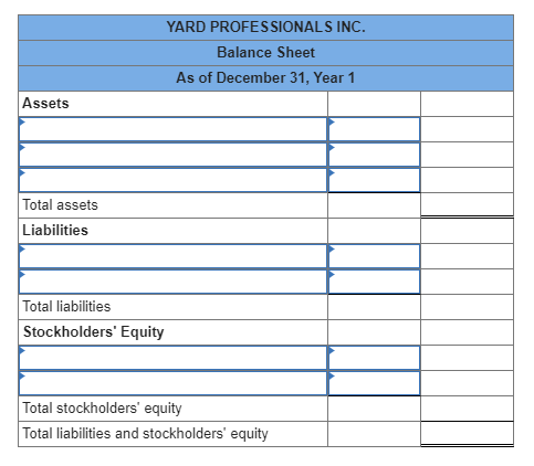 YARD PROFESSIONALS INC. Balance Sheet As of December 31, Year 1 Assets Total assets Liabilities Total liabilities Stockholder