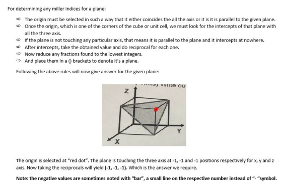 For determining any miller indices for a plane: -> The origin must be selected in such a way that it either coincides the all
