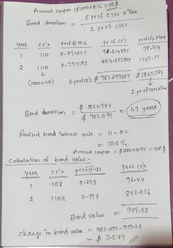 Bond duration = Annual coupon $1000 x 11% = 110$ Eprof CIFS X Time e prof CIRS CFs prof@ 1250 pv of CFs profcf8X year 110 0