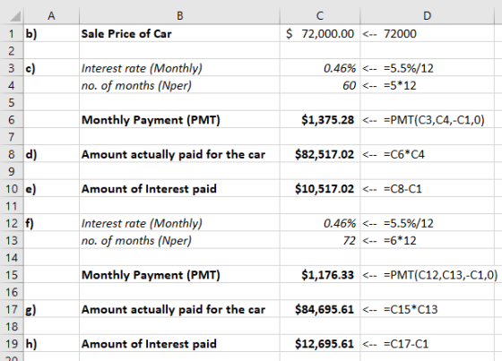 ДА 1 b) Sale Price of Car $ 72,000.00 <-- 72000 Interest rate (Monthly) no. of months (Nper) 0.46% <-- =5.5%/12 60 <-- =5*12