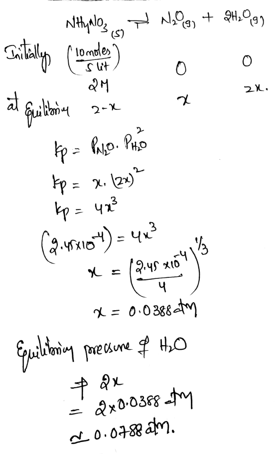 Nithyalogan N90 g) + 2H109) Initially comples) o o 2M 2K, a zk. at quilibeny 2. Kp = PILO. PRO fp = x, (2x)? kp = 423 (9.4981