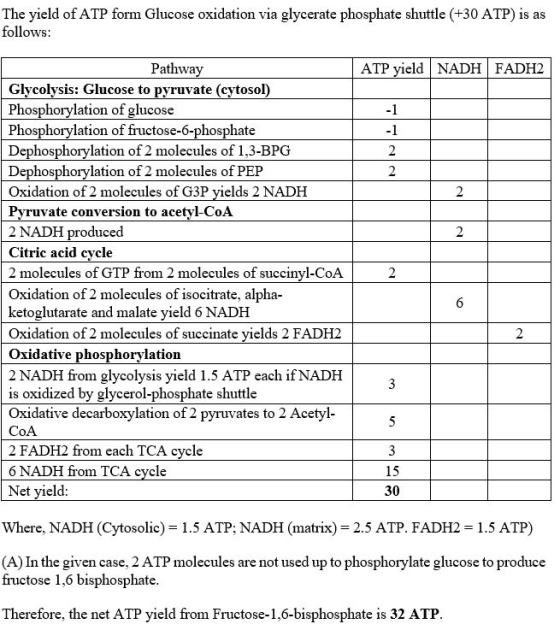 The yield of ATP form Glucose oxidation via glycerate phosphate shuttle (+30 ATP) is as follows: ATP yield NADH FADH2 | -1 Pa